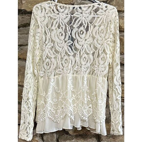 Women's NWT Button Up BKE Boutique Sheer Ivory Lace Embroidered Long Sleeve Blou - Picture 5 of 10